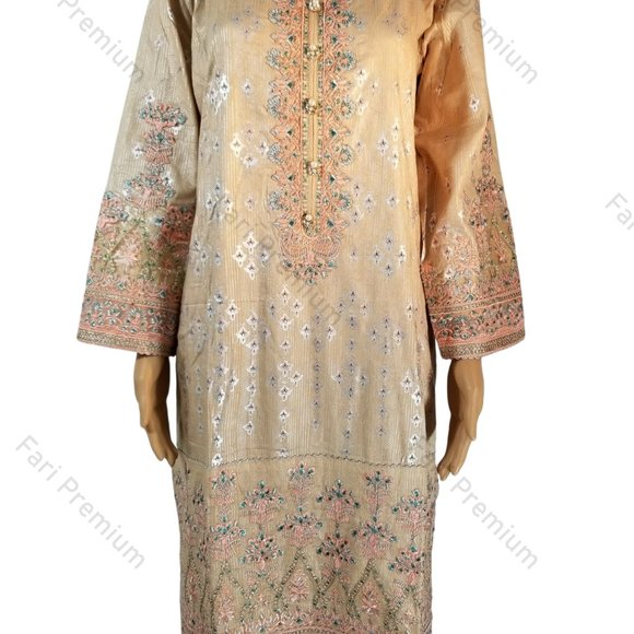 Large Pakistani Fancy Embroidered Jacquard Cotton Broshia Banarsi Shalwar Kameez - Picture 9 of 13